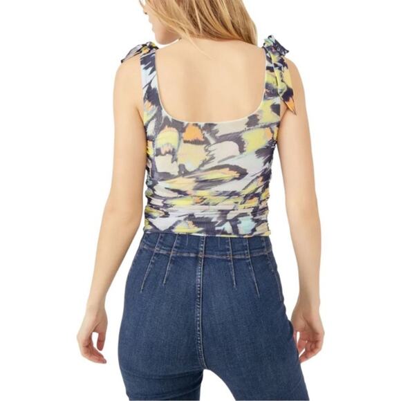Free People Tie Shoulder Ruched Tank Top Abstract Print Multicolor L NWT - Picture 3 of 9